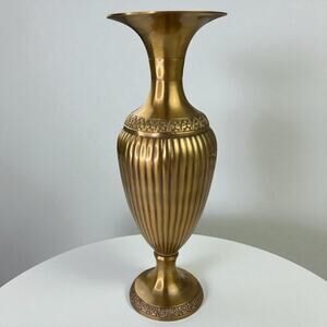 Vintage 1960s Solid Brass Urn Vase Hand Chased Moradabad India 12” Regency Heavy